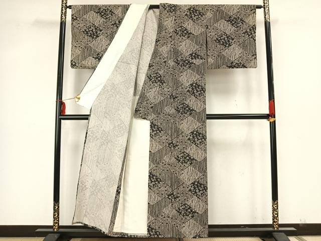平和屋着物▽上質な小紋　単衣　切嵌草花文　正絹　逸品　AAAZ1389fy