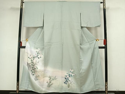 平和屋着物▽訪問着　単衣　手描き　草花文　暈し染め　正絹　逸品　AAAZ1391fy