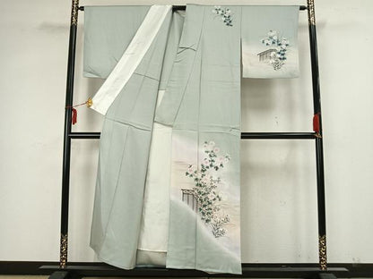 平和屋着物▽訪問着　単衣　手描き　草花文　暈し染め　正絹　逸品　AAAZ1391fy