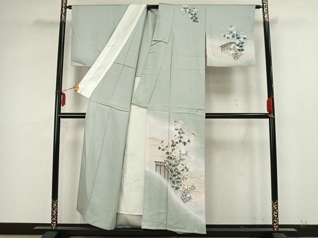 平和屋着物▽訪問着　単衣　手描き　草花文　暈し染め　正絹　逸品　AAAZ1391fy
