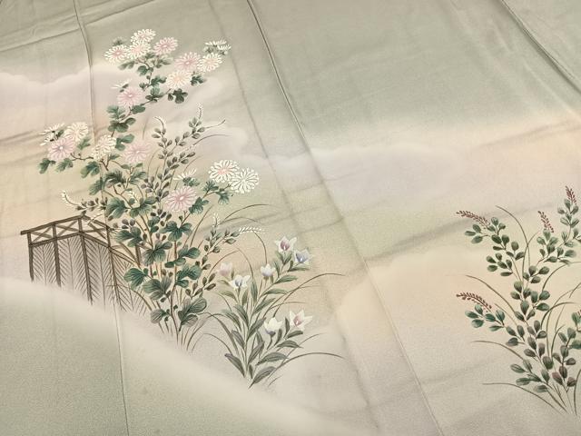 平和屋着物▽訪問着　単衣　手描き　草花文　暈し染め　正絹　逸品　AAAZ1391fy