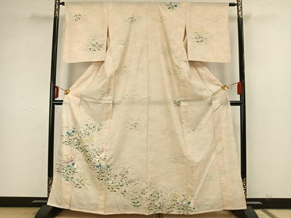 平和屋着物▽訪問着　単衣　紬地　草花文　正絹　逸品　AAAZ1393fy