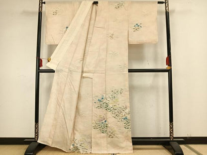 平和屋着物▽訪問着　単衣　紬地　草花文　正絹　逸品　AAAZ1393fy