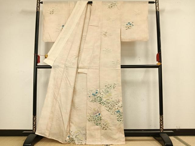 平和屋着物▽訪問着　単衣　紬地　草花文　正絹　逸品　AAAZ1393fy