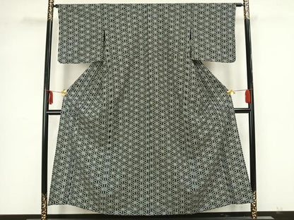 平和屋着物▽上質な小紋 単衣 麻の葉文様 黒地 正絹 逸品 AAAZ1396fy