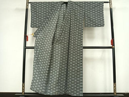平和屋着物▽上質な小紋 単衣 麻の葉文様 黒地 正絹 逸品 AAAZ1396fy