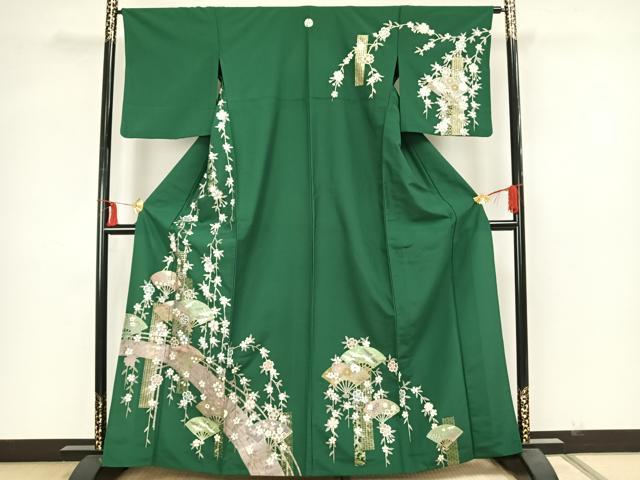 平和屋着物▽訪問着 単衣 扇面花鳥文 金彩 洗える着物 AAAZ1403fy
