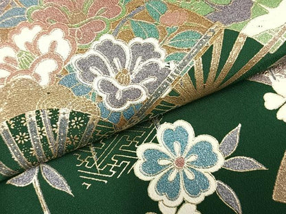 平和屋着物▽訪問着 単衣 扇面花鳥文 金彩 洗える着物 AAAZ1403fy