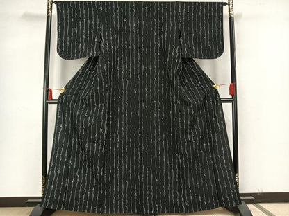 平和屋着物▽上質な小紋　単衣　変わり縞　黒地　正絹　逸品　未使用　AAAZ1404fy