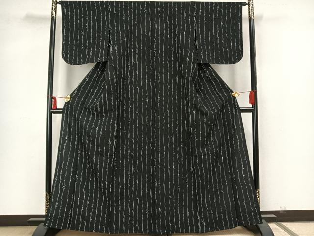 平和屋着物▽上質な小紋　単衣　変わり縞　黒地　正絹　逸品　未使用　AAAZ1404fy