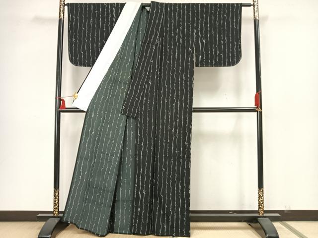 平和屋着物▽上質な小紋　単衣　変わり縞　黒地　正絹　逸品　未使用　AAAZ1404fy