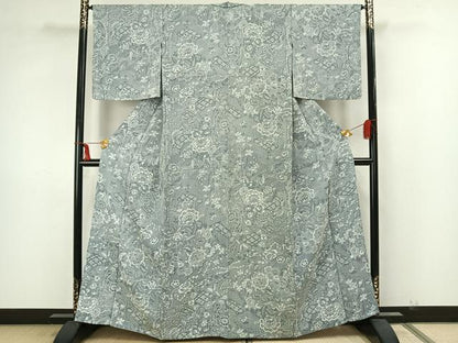平和屋着物▽お召　単衣　天目織　草花文　正絹　逸品　AAAZ1407fy