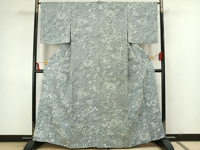 平和屋着物▽お召　単衣　天目織　草花文　正絹　逸品　AAAZ1407fy