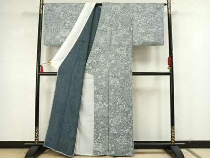 平和屋着物▽お召　単衣　天目織　草花文　正絹　逸品　AAAZ1407fy
