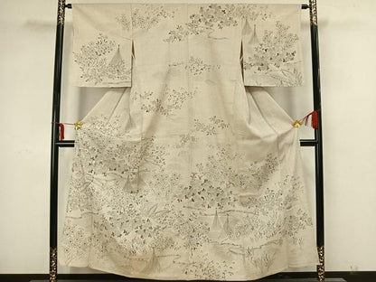平和屋着物▽本塩沢 訪問着 単衣 手描き 草花文 正絹 逸品 未使用 AAAZ1409fy