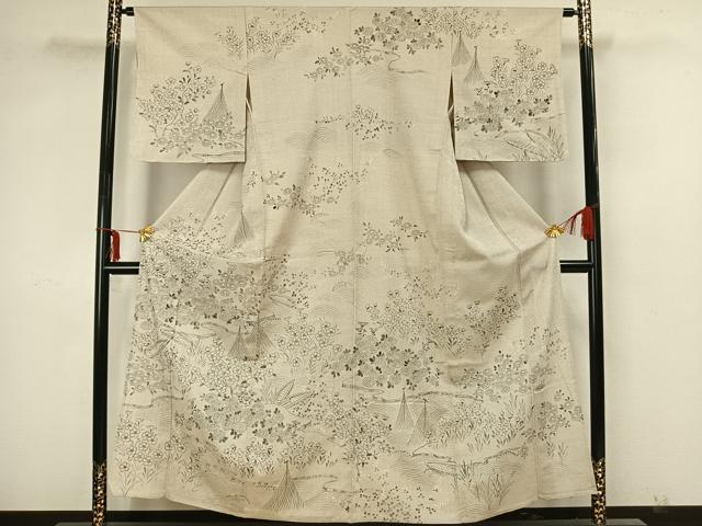 平和屋着物▽本塩沢 訪問着 単衣 手描き 草花文 正絹 逸品 未使用 AAAZ1409fy