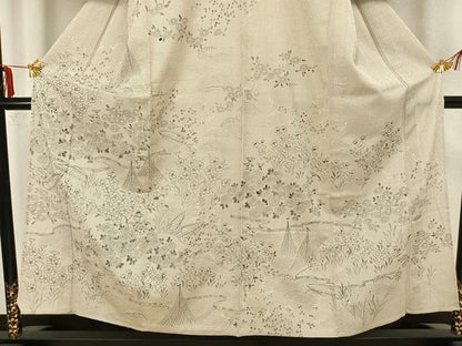平和屋着物▽本塩沢 訪問着 単衣 手描き 草花文 正絹 逸品 未使用 AAAZ1409fy