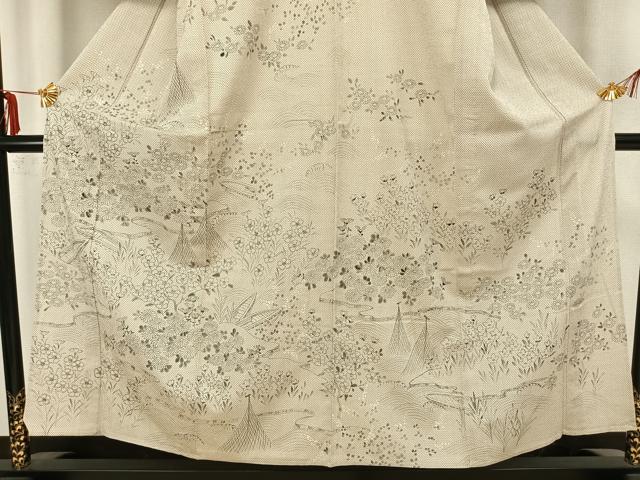 平和屋着物▽本塩沢 訪問着 単衣 手描き 草花文 正絹 逸品 未使用 AAAZ1409fy