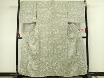 平和屋着物▽お召　単衣　天目織　色紙草花文　正絹　逸品　AAAZ1411fy