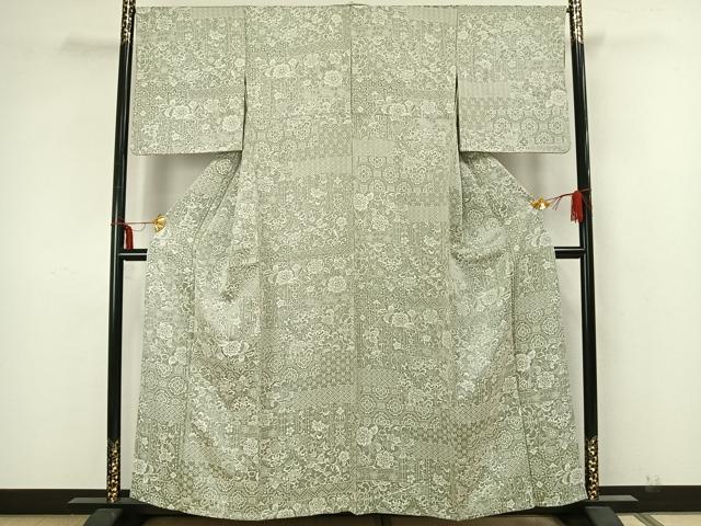 平和屋着物▽お召　単衣　天目織　色紙草花文　正絹　逸品　AAAZ1411fy