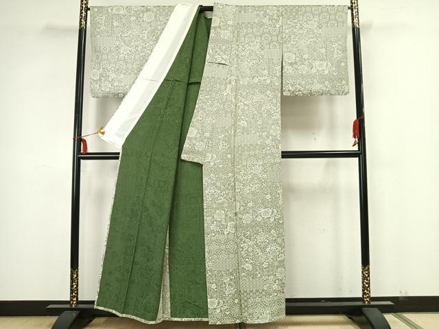 平和屋着物▽お召　単衣　天目織　色紙草花文　正絹　逸品　AAAZ1411fy