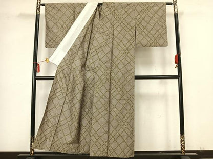 平和屋着物▽上質な紬 単衣 網目文 正絹 逸品 AAAZ1413fy