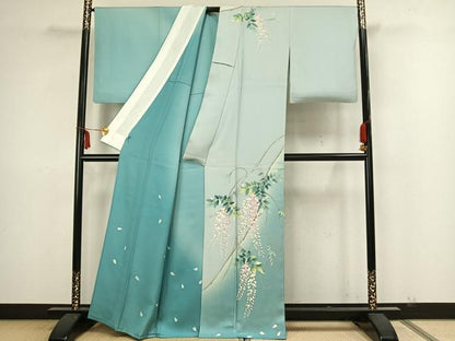 平和屋着物▽訪問着　単衣　作家物　草花文　銀彩　正絹　逸品　AAAZ1424fy