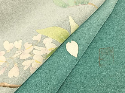 平和屋着物▽訪問着　単衣　作家物　草花文　銀彩　正絹　逸品　AAAZ1424fy