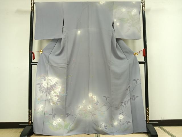 平和屋着物▽訪問着 単衣 手描き 草花文 暈し染め 正絹 逸品 未使用 AAAZ1425fy