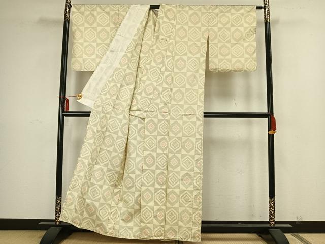 平和屋着物▽上質な紬 単衣 市松亀甲文様 正絹 逸品 AAAZ1439fy