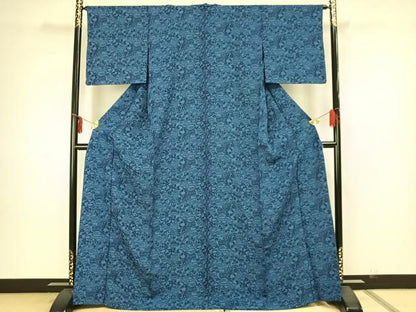 平和屋着物▽上質な小紋 単衣 藍 型染め 草花陶器文 正絹 逸品 AAAZ1441fy