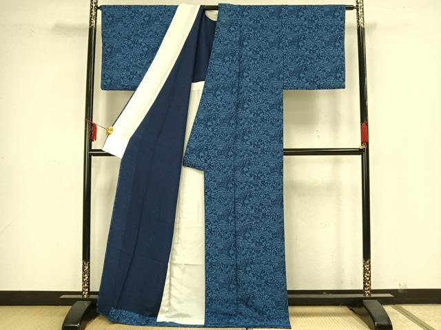 平和屋着物▽上質な小紋 単衣 藍 型染め 草花陶器文 正絹 逸品 AAAZ1441fy