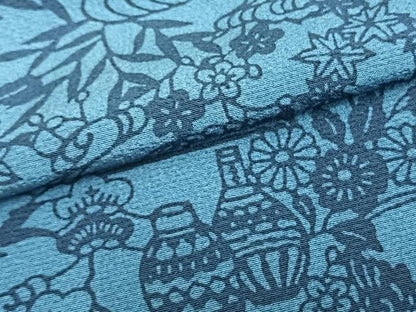 平和屋着物▽上質な小紋 単衣 藍 型染め 草花陶器文 正絹 逸品 AAAZ1441fy