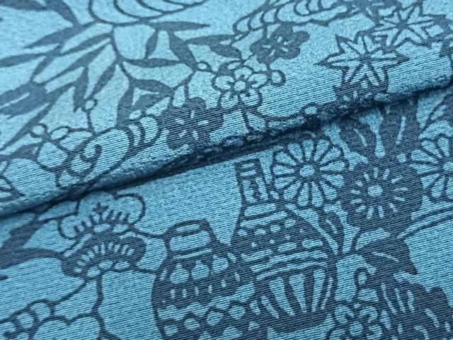 平和屋着物▽上質な小紋 単衣 藍 型染め 草花陶器文 正絹 逸品 AAAZ1441fy