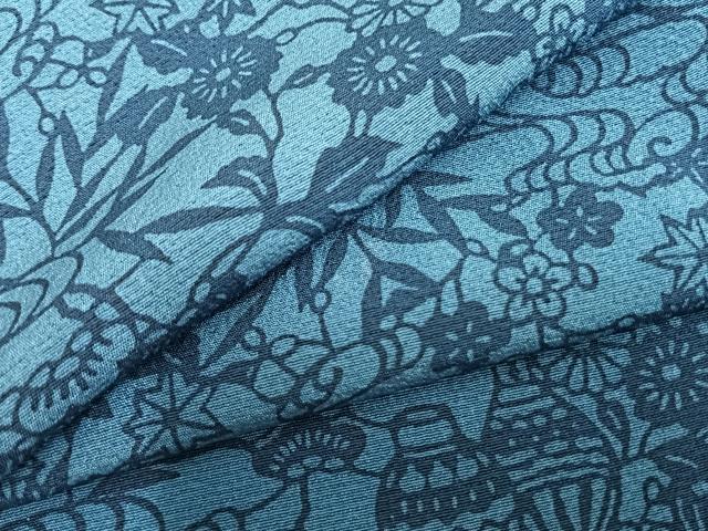 平和屋着物▽上質な小紋 単衣 藍 型染め 草花陶器文 正絹 逸品 AAAZ1441fy