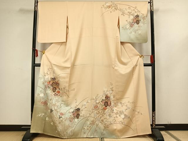 平和屋着物▽訪問着　単衣　御所車花文　金彩　正絹　逸品　AAAZ1448fy
