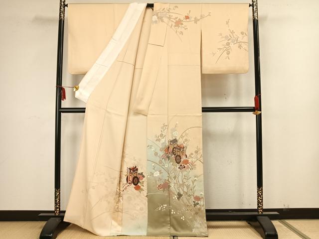 平和屋着物▽訪問着　単衣　御所車花文　金彩　正絹　逸品　AAAZ1448fy