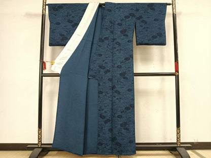 平和屋着物▽上質な小紋 単衣 藍 型染め 草花文 鬼しぼ縮緬 正絹 逸品 AAAZ1449fy