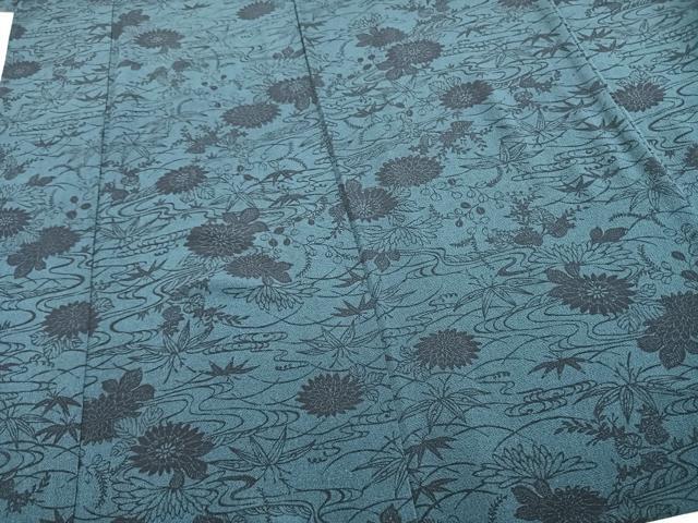 平和屋着物▽上質な小紋 単衣 藍 型染め 草花文 鬼しぼ縮緬 正絹 逸品 AAAZ1449fy
