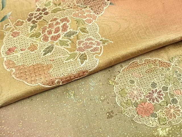 平和屋着物▽訪問着 単衣 中国三大刺繍 汕頭刺繍 スワトウ刺繍 雪輪花文 暈し染め 金銀彩 正絹 逸品 AAAZ1452fy