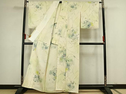 平和屋着物▽上質な小紋 単衣 手描き 草花文 暈し染め 反端付き 正絹 逸品 AAAZ1454fy