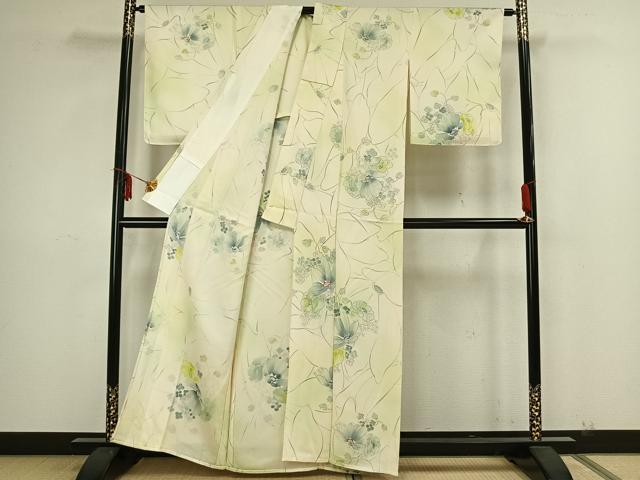 平和屋着物▽上質な小紋 単衣 手描き 草花文 暈し染め 反端付き 正絹 逸品 AAAZ1454fy