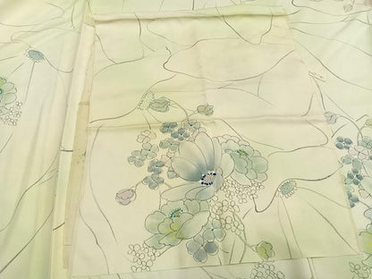 平和屋着物▽上質な小紋 単衣 手描き 草花文 暈し染め 反端付き 正絹 逸品 AAAZ1454fy