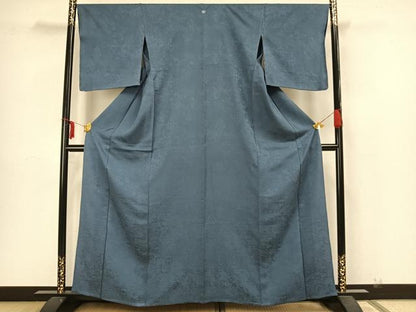 平和屋着物▽上質な色無地　単衣　草花地紋　御召御納戸色　正絹　逸品　未使用　AAAZ1456fy