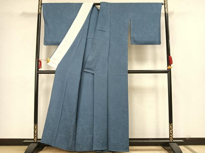 平和屋着物▽上質な色無地　単衣　草花地紋　御召御納戸色　正絹　逸品　未使用　AAAZ1456fy