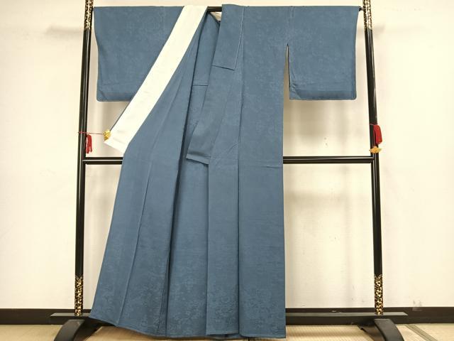 平和屋着物▽上質な色無地　単衣　草花地紋　御召御納戸色　正絹　逸品　未使用　AAAZ1456fy