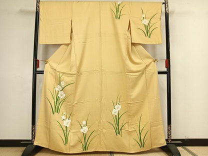 平和屋着物▽訪問着　単衣　駒刺繍　草花文　正絹　逸品　AAAZ1466fy