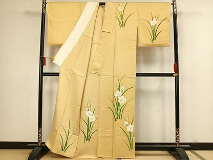 平和屋着物▽訪問着　単衣　駒刺繍　草花文　正絹　逸品　AAAZ1466fy