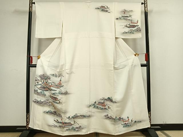 平和屋着物▽訪問着 単衣 手描き 人物風景文 暈し染め 金銀彩 正絹 逸品 AAAZ1469fy