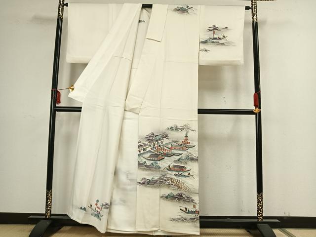 平和屋着物▽訪問着 単衣 手描き 人物風景文 暈し染め 金銀彩 正絹 逸品 AAAZ1469fy
